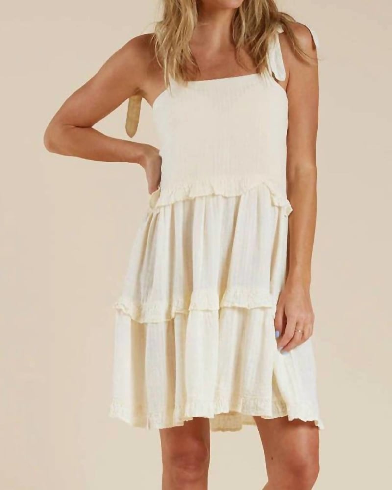 Front of a model wearing a size L Ruffle Dress In Ivory in Ivory by Rylee + Cru. | dia_product_style_image_id:355555